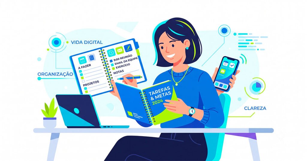 Mulher organizando tarefas em planner com notebook e celular, representando dicas práticas de organização e produtividade para o dia a dia