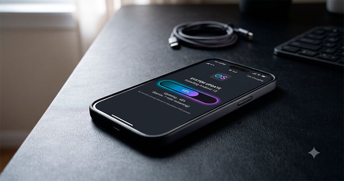 Tela de smartphone exibindo atualização de sistema e software
