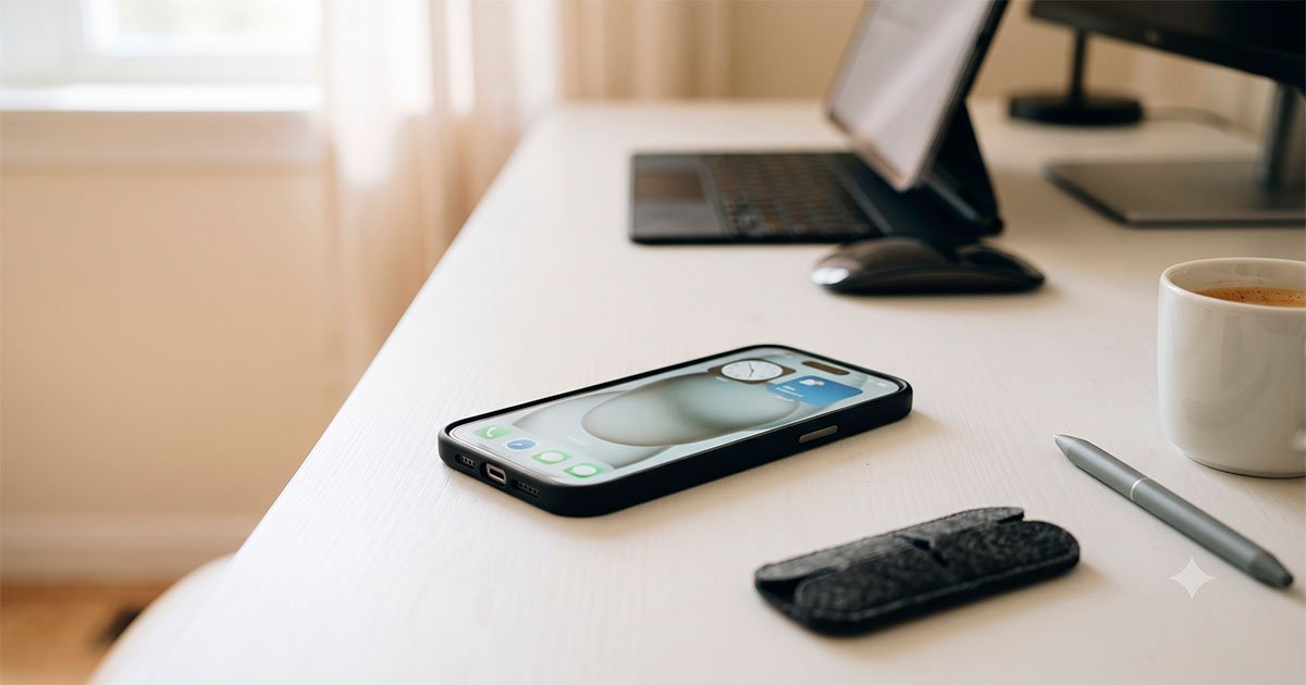 Smartphone moderno sobre mesa branca representando guia de compra de celular em 2026