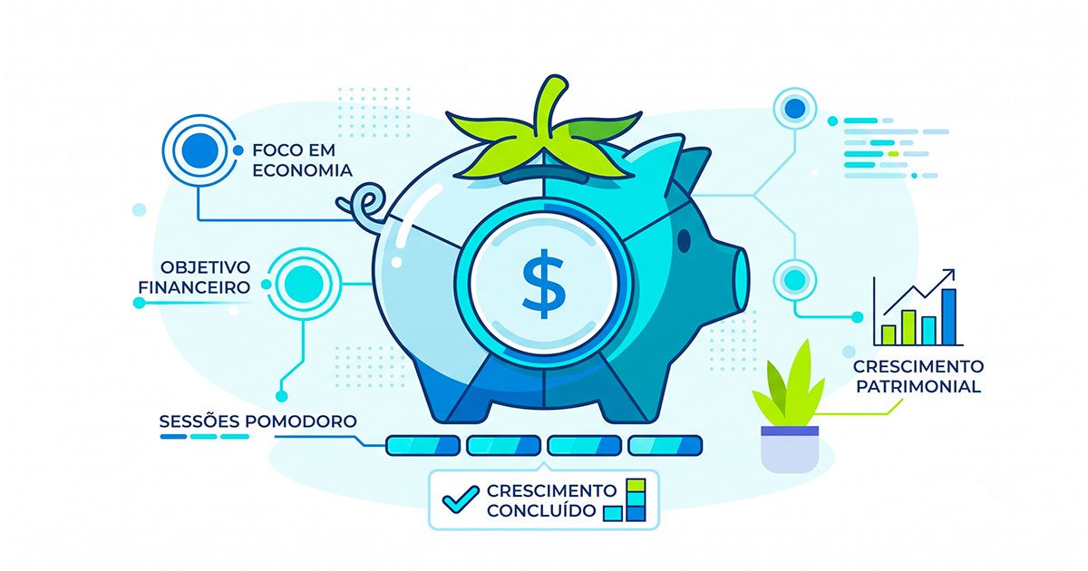 Ilustração de cofrinho com moedas e gráfico de crescimento, representando dicas de economia e finanças pessoais