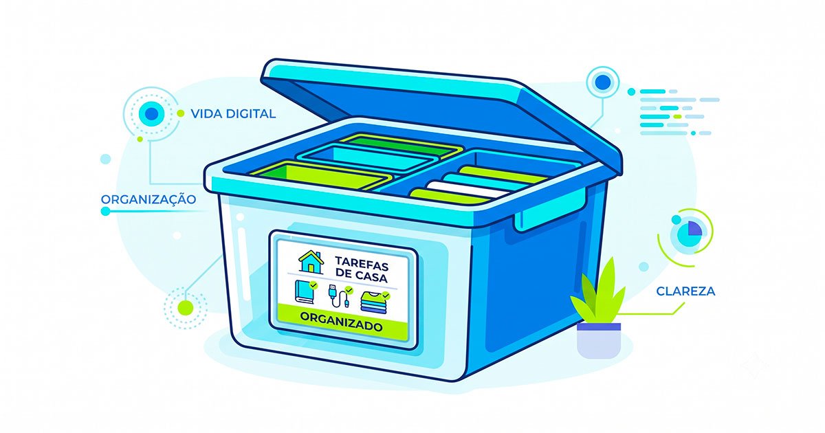 Ilustração de casa organizada com caixas de armazenamento e etiquetas, representando dicas de organização doméstica