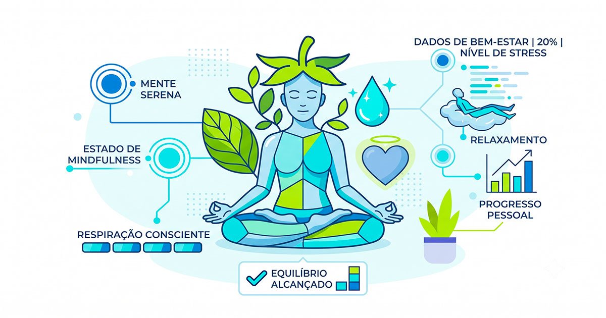 Ilustração de pessoa meditando com elementos de bem-estar, representando dicas de saúde para o dia a dia