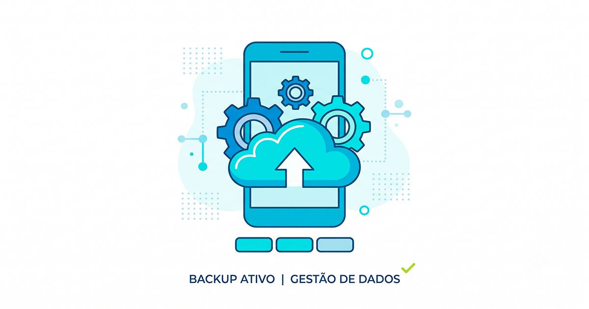 Ícone de smartphone com engrenagens e nuvem de backup, representando dicas de tecnologia e praticidade