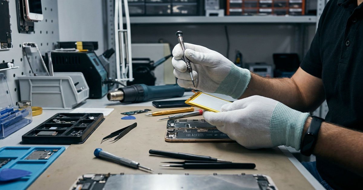 técnico trocando bateria de smartphone em assistência