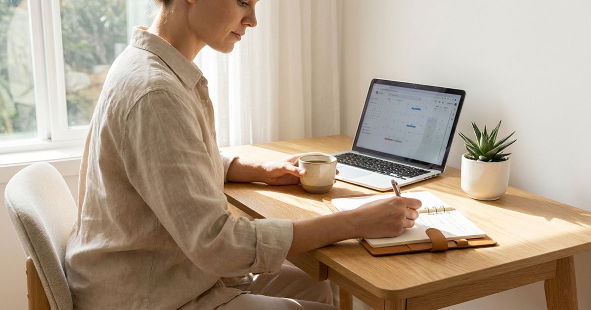 planejamento matinal com agenda e caderno na mesa