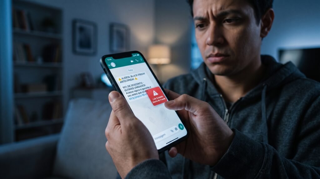 alerta de golpe em mensagem de promoção falsa na tela do celular