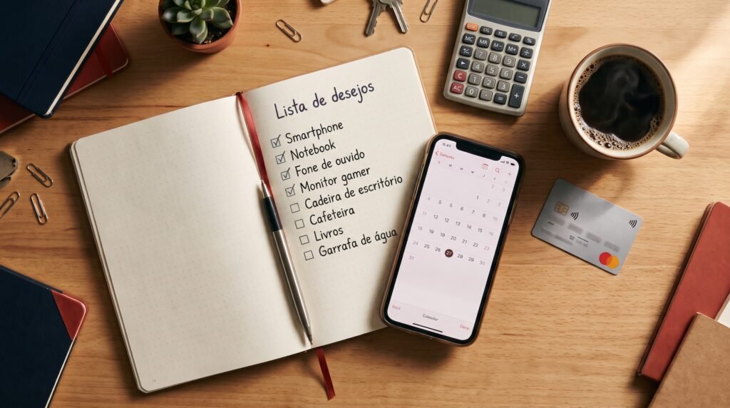 checklist de planejamento de compras em caderno ao lado de smartphone e calculadora