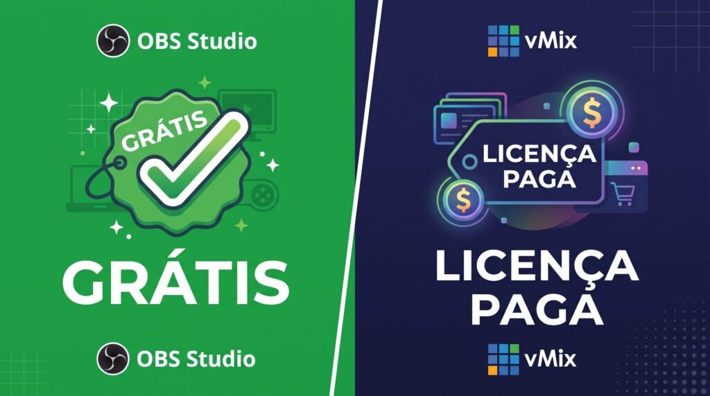 comparação de custo entre OBS Studio gratuito e vMix pago