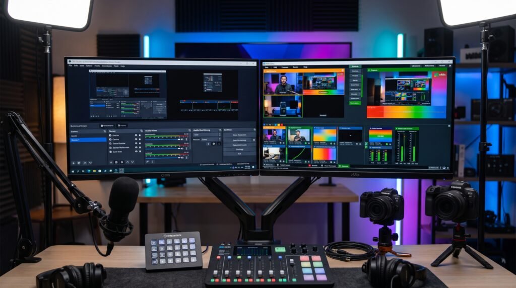comparação visual entre as interfaces do vMix e OBS Studio