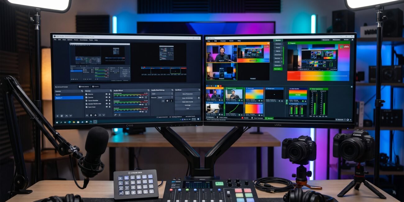 comparação visual entre as interfaces do vMix e OBS Studio
