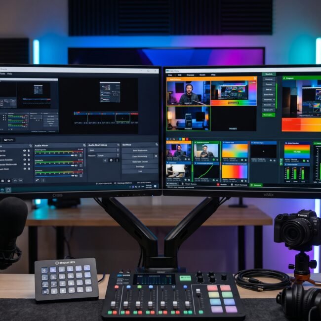 comparação visual entre as interfaces do vMix e OBS Studio