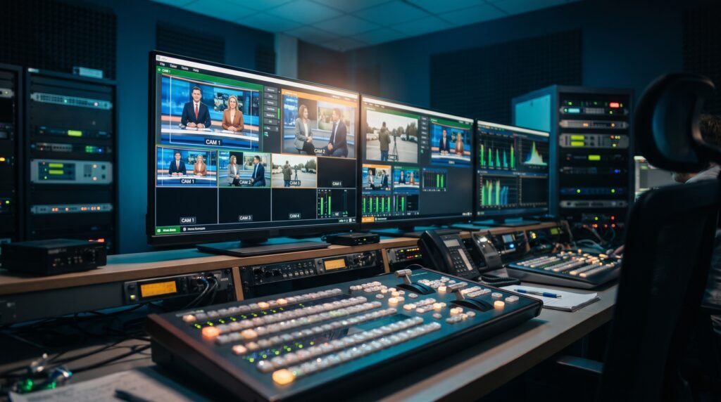 estúdio profissional usando vMix para produção multi-câmera
