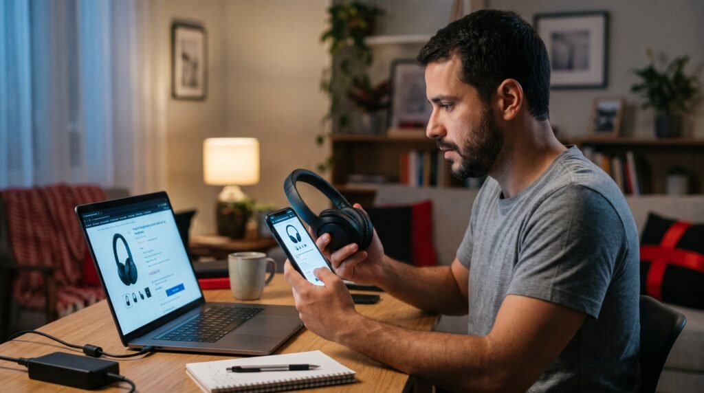 pessoa comparando preços de fones de ouvido para home office antes da black friday