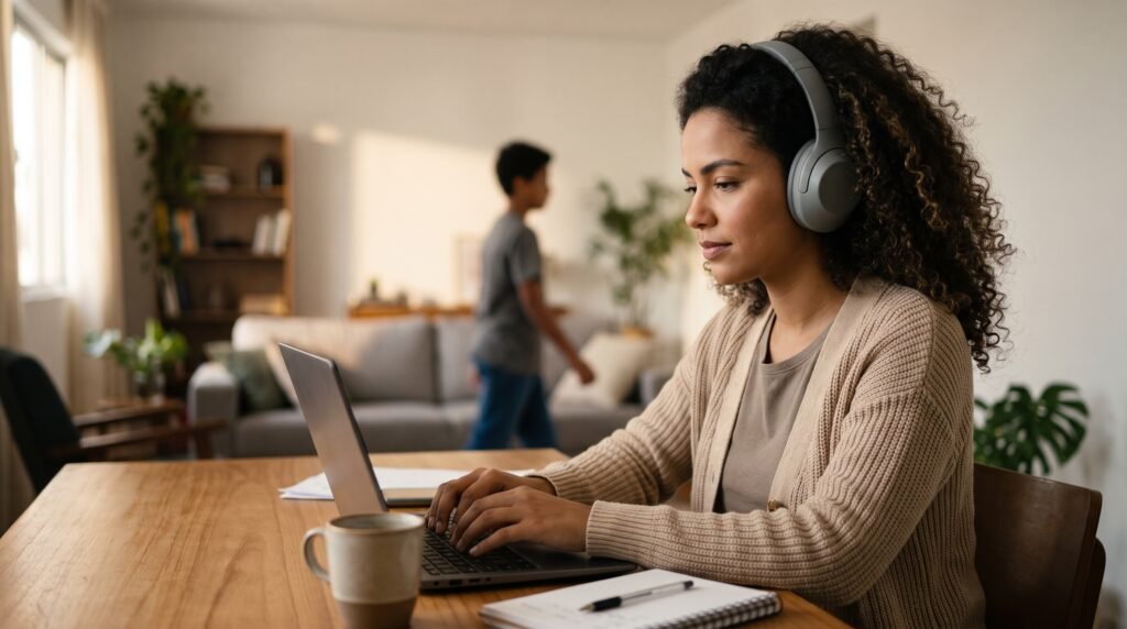 mulher concentrada trabalhando com fone over-ear com cancelamento de ruído