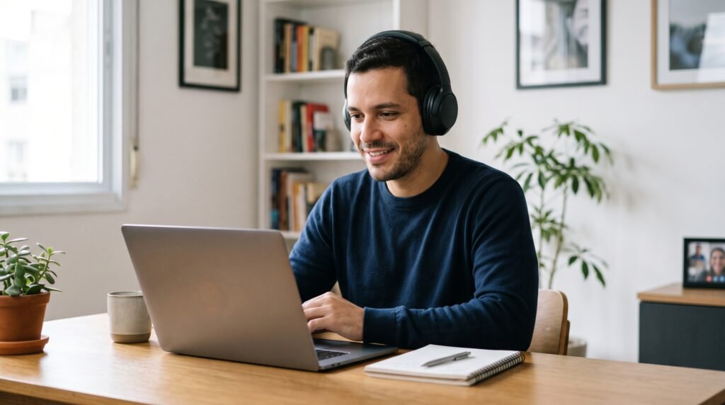 profissional usando fones de ouvido para home office durante reunião online