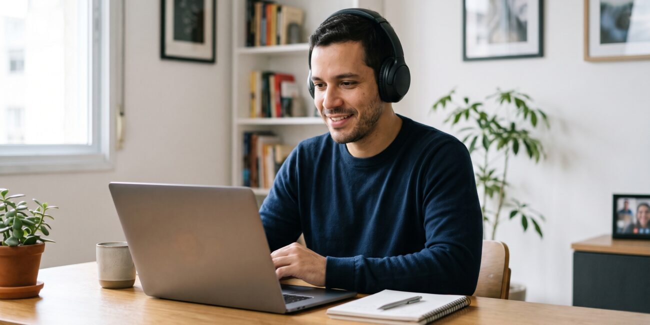 profissional usando fones de ouvido para home office durante reunião online