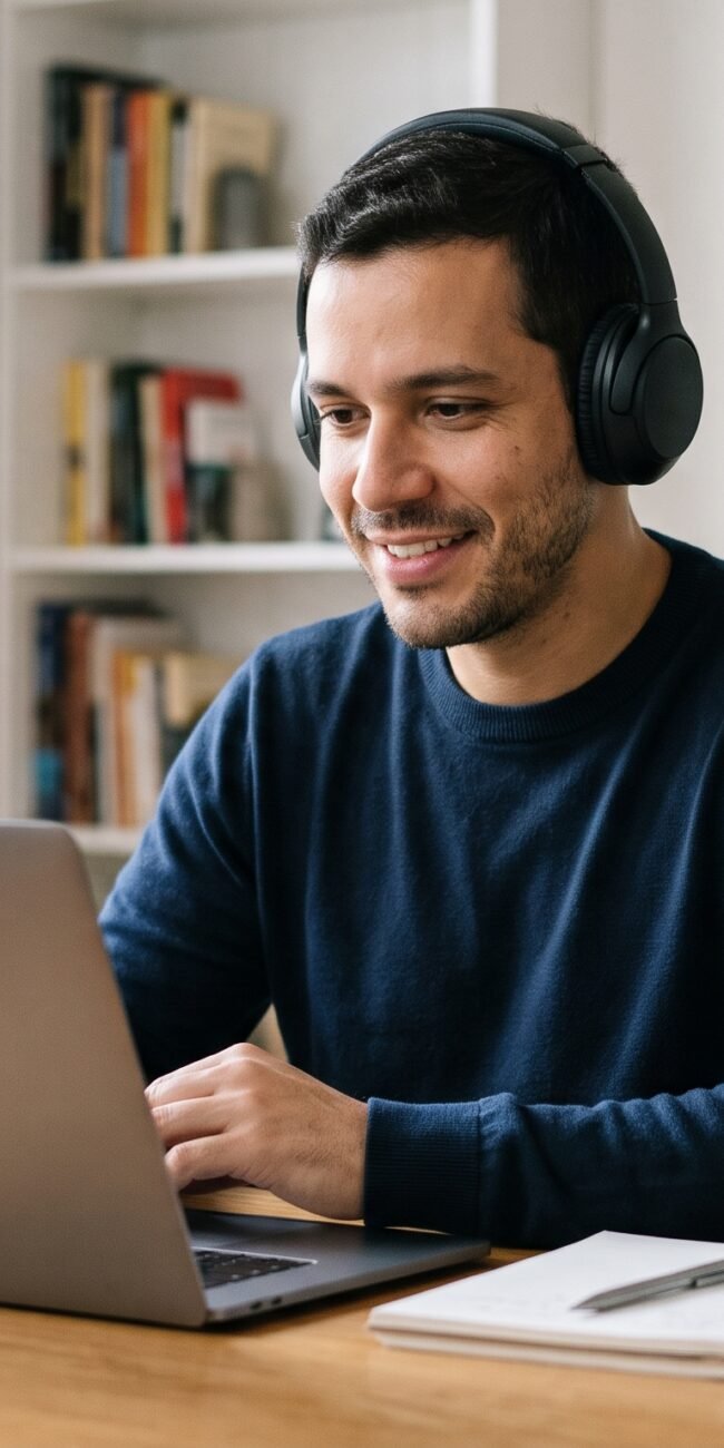 profissional usando fones de ouvido para home office durante reunião online
