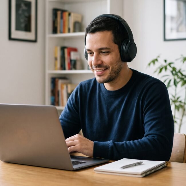 profissional usando fones de ouvido para home office durante reunião online
