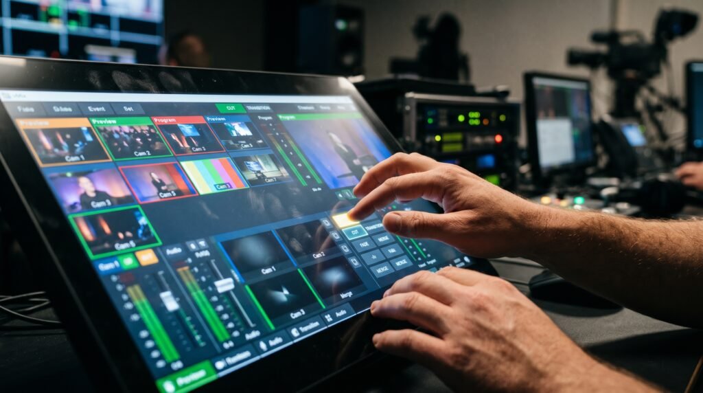 operador utilizando switcher do vMix durante transmissão ao vivo
