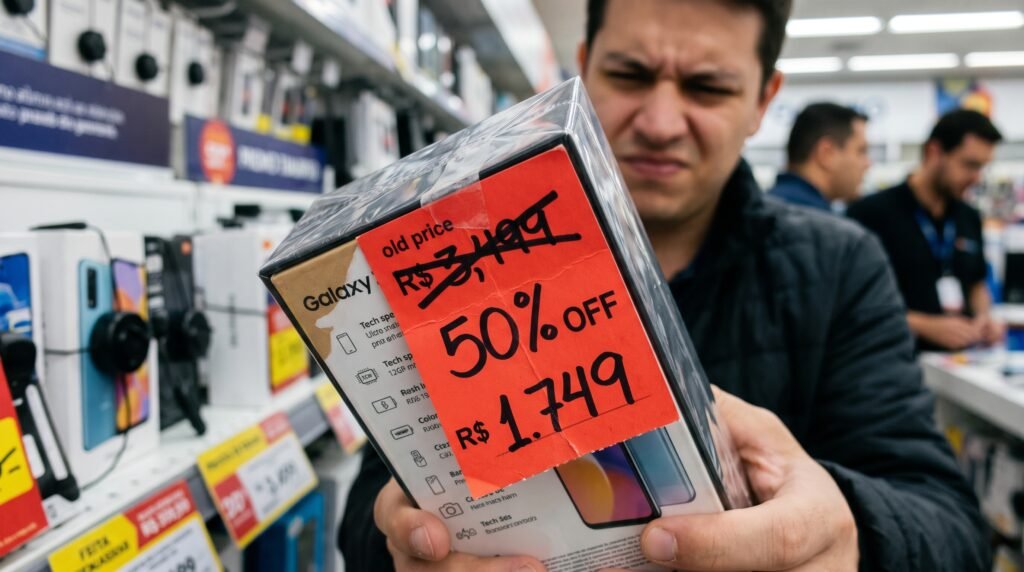 etiqueta de desconto com preço antigo riscado mostrando pegadinha de promoção