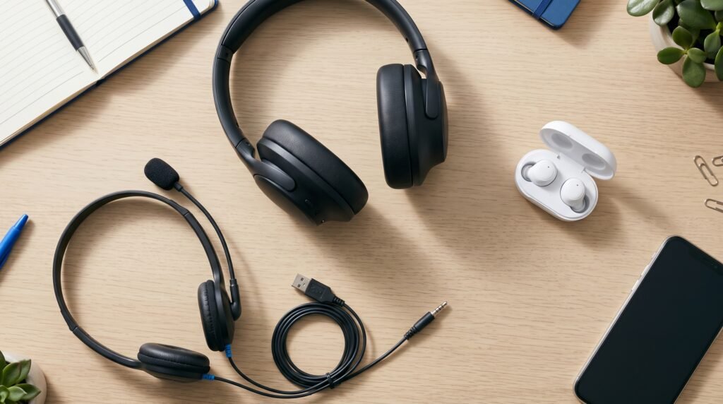 comparação entre fone over-ear, in-ear sem fio e headset com microfone